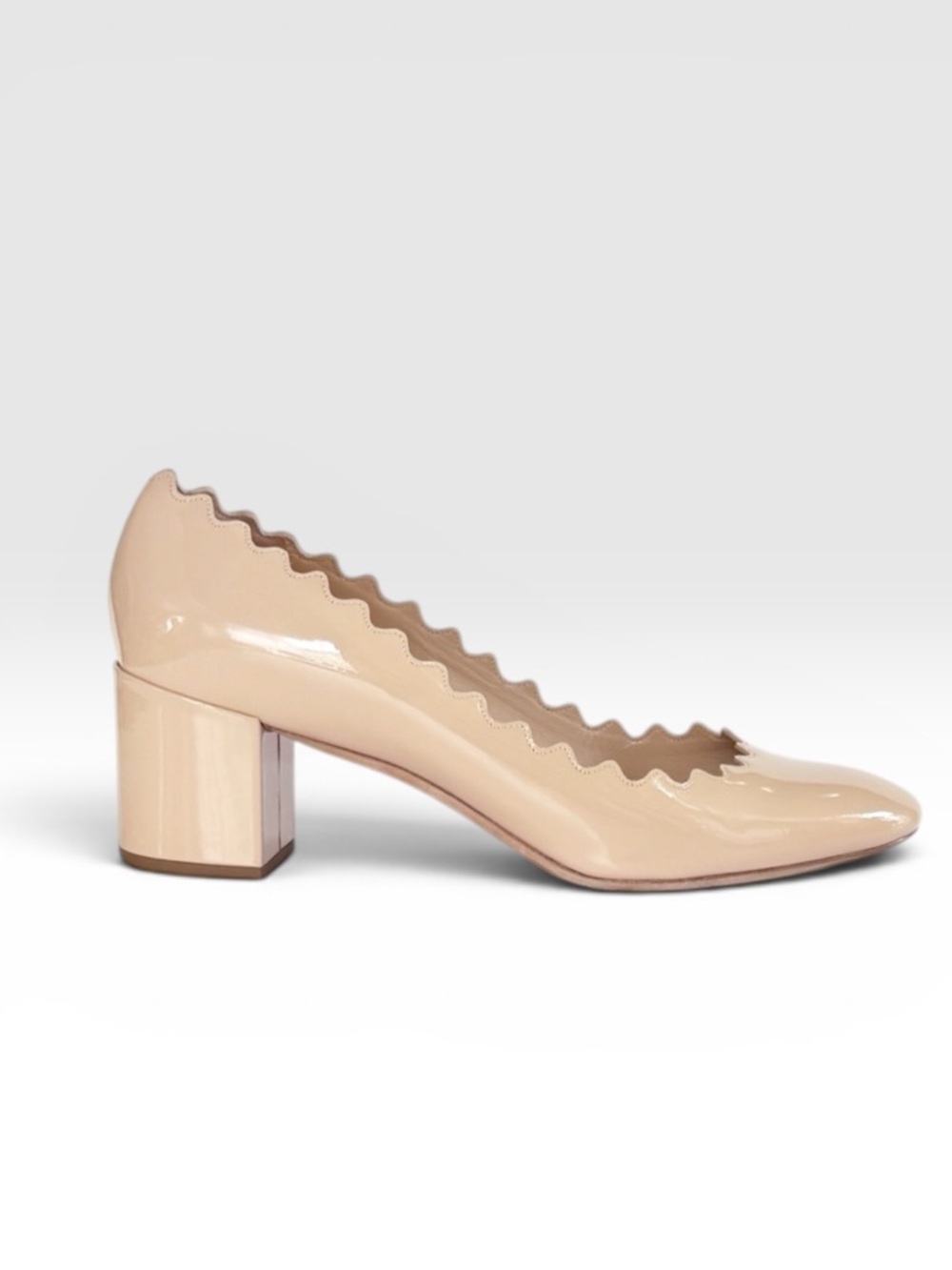 Chloe Lauren Scalloped Tan Patent Pump | | 38.5